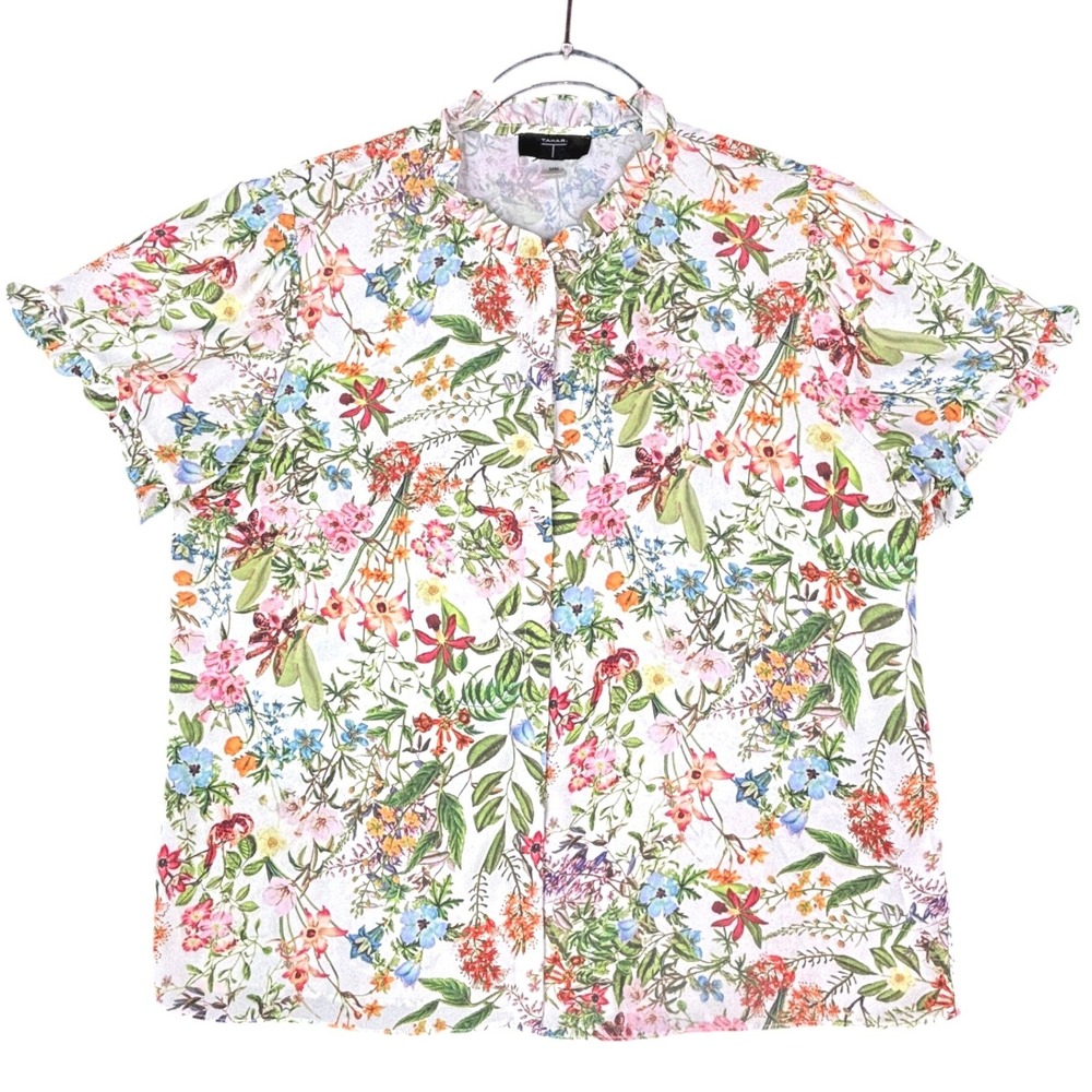 Tahari Floral Ruffle Neck Short Sleeve Blouse White Multi Color Size M